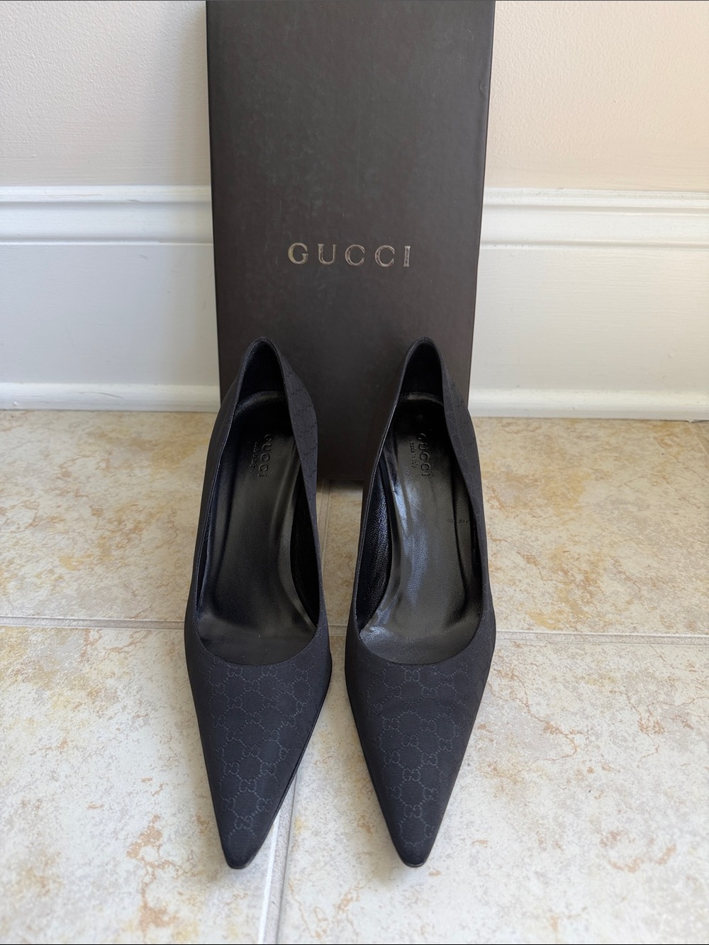 Gucci Black Monogram Pointed-Toe Pumps
